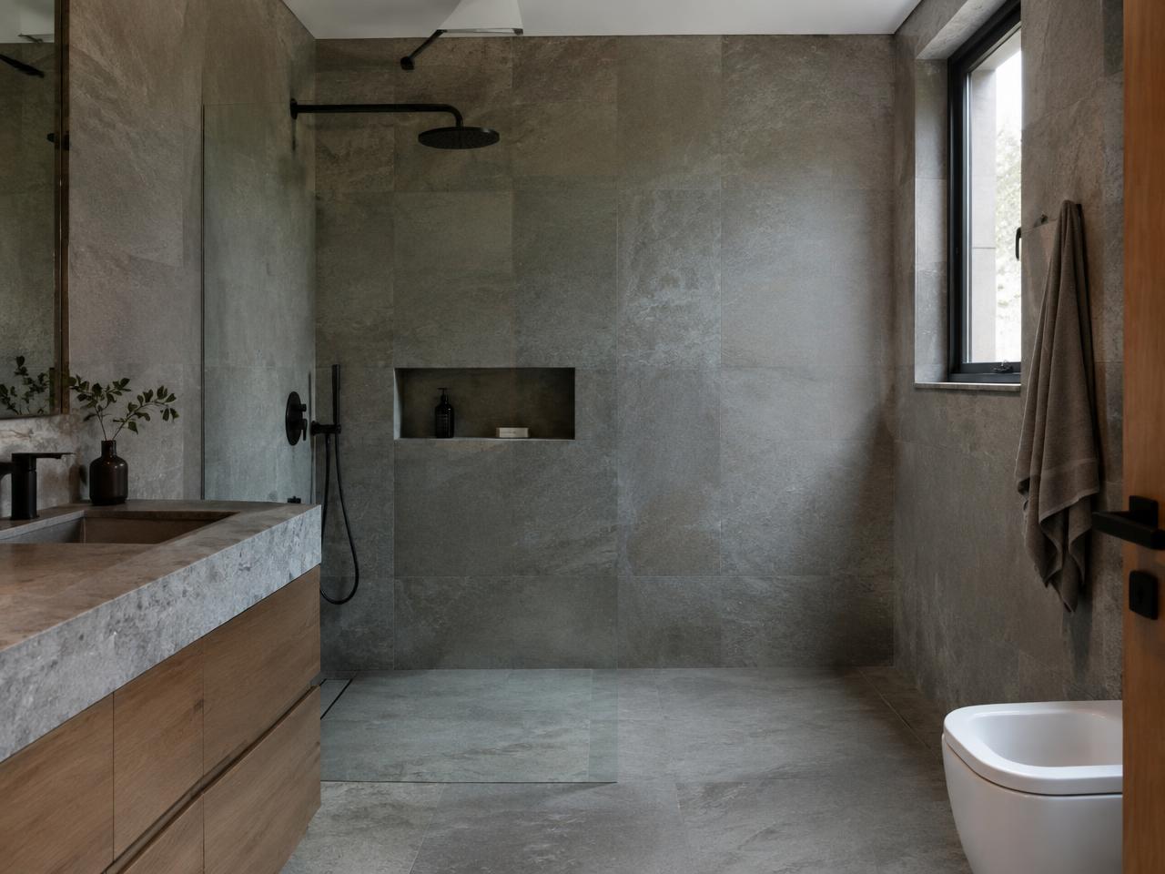 Moderne badkamer met inloopdouche en natuursteen